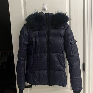 S13 Blue Puffer Jacket with Hood and Faux Fur Trim